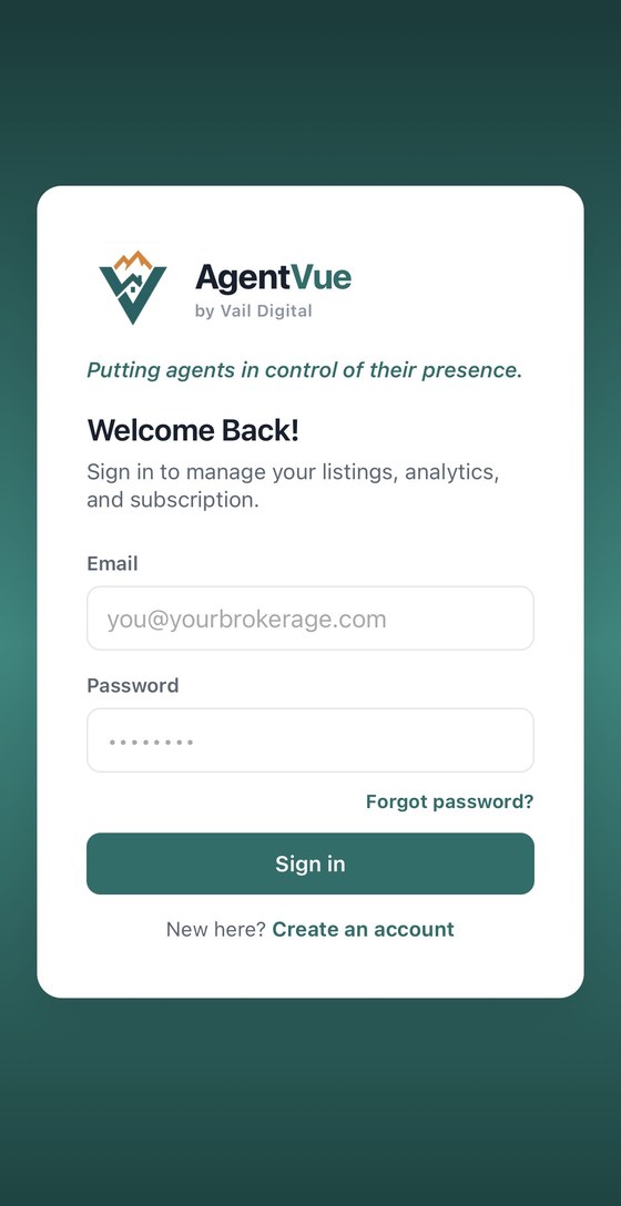 AgentVue app sign-in screen on a phone