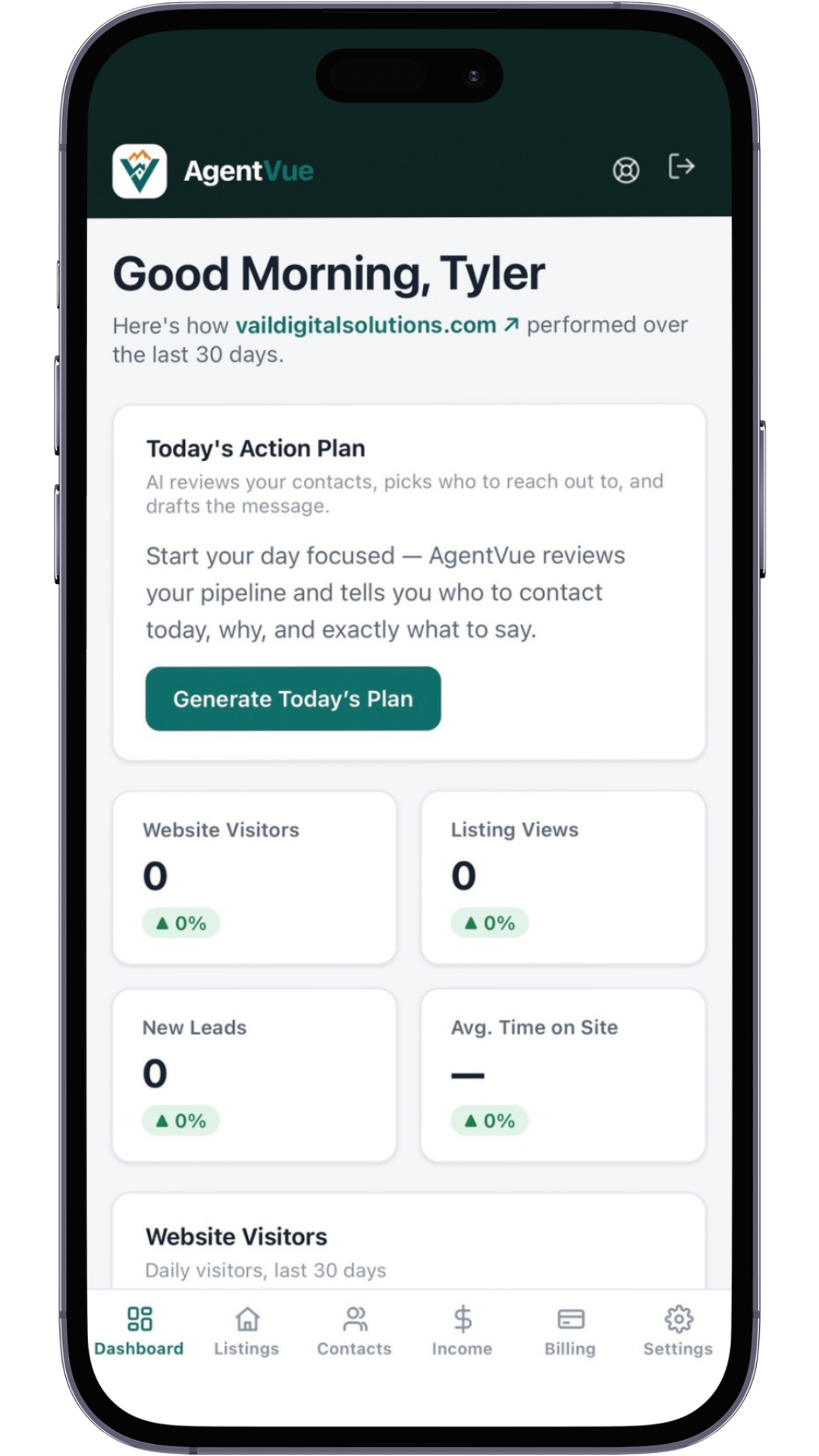 AgentVue dashboard on a phone