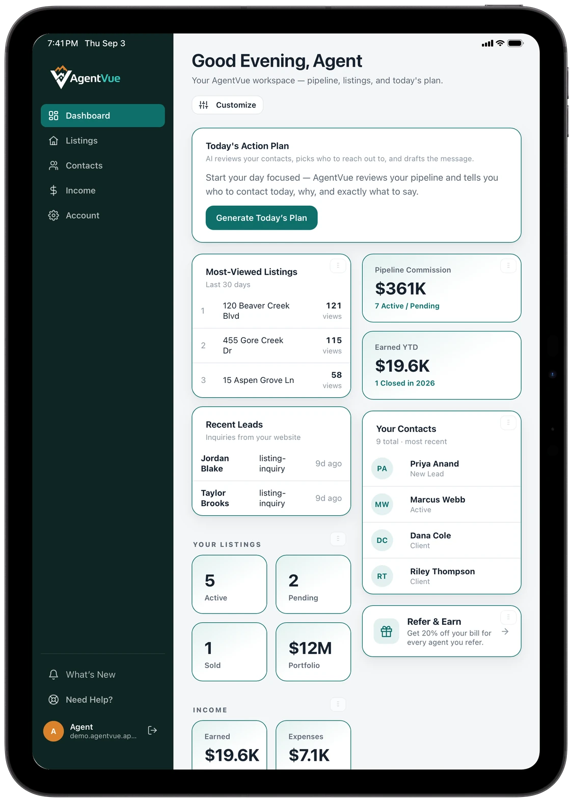 AgentVue dashboard on an iPad