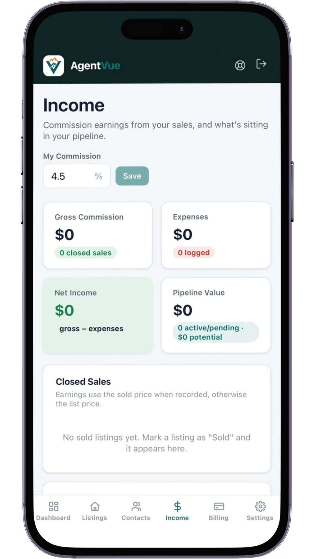 AgentVue income on a phone