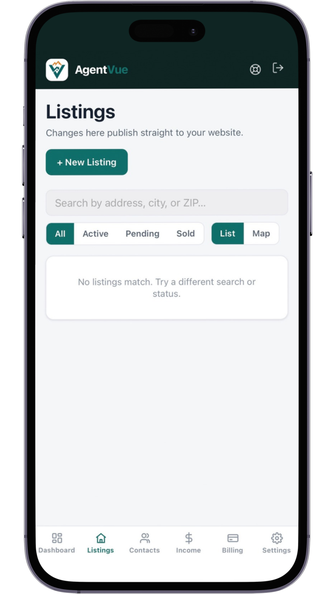 AgentVue listings on a phone