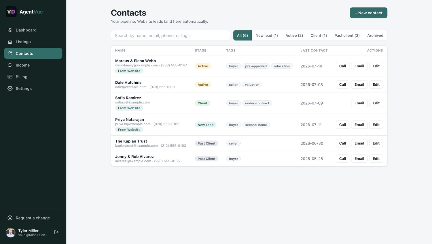 AgentVue contacts CRM screen