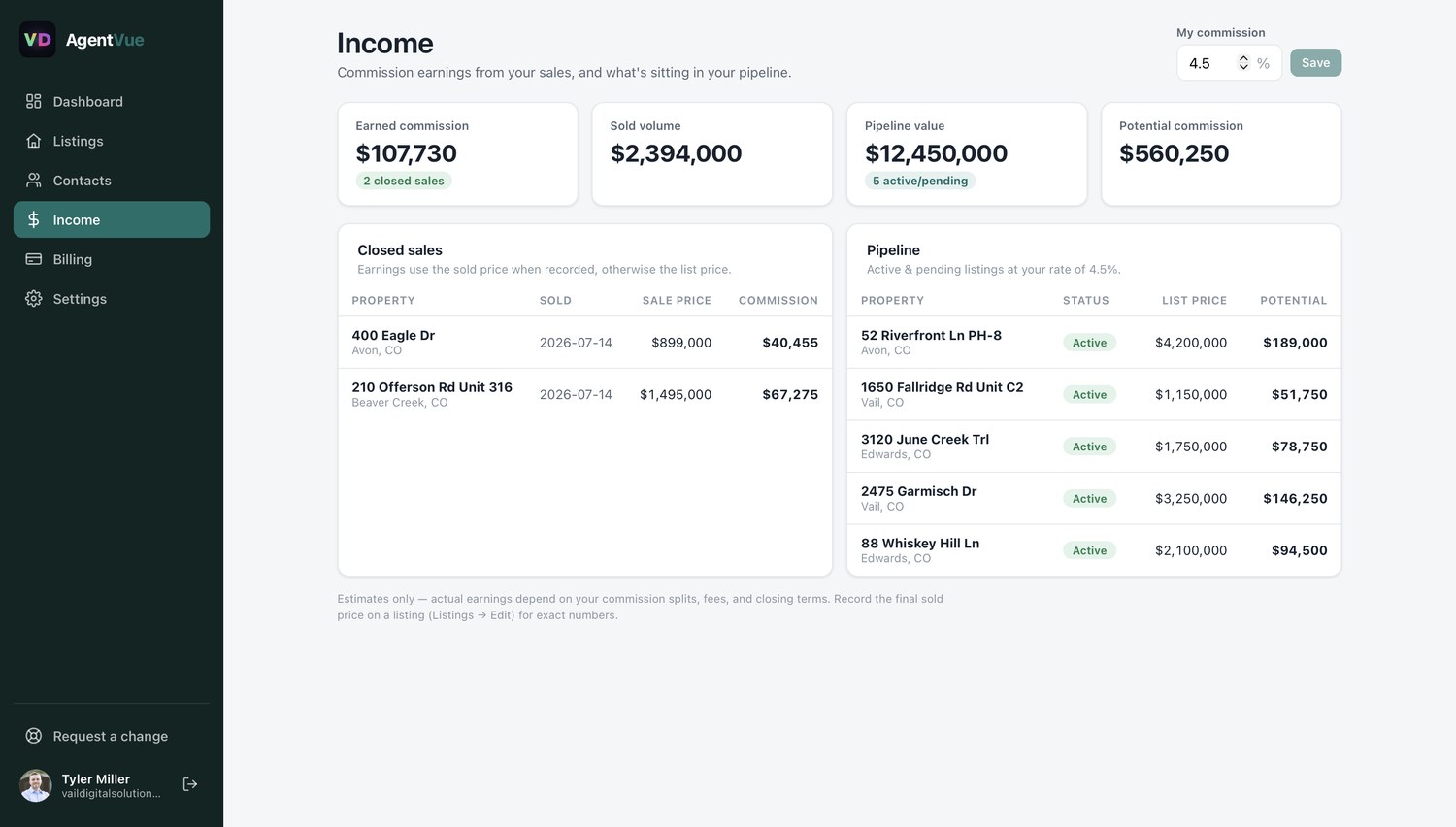 AgentVue income screen