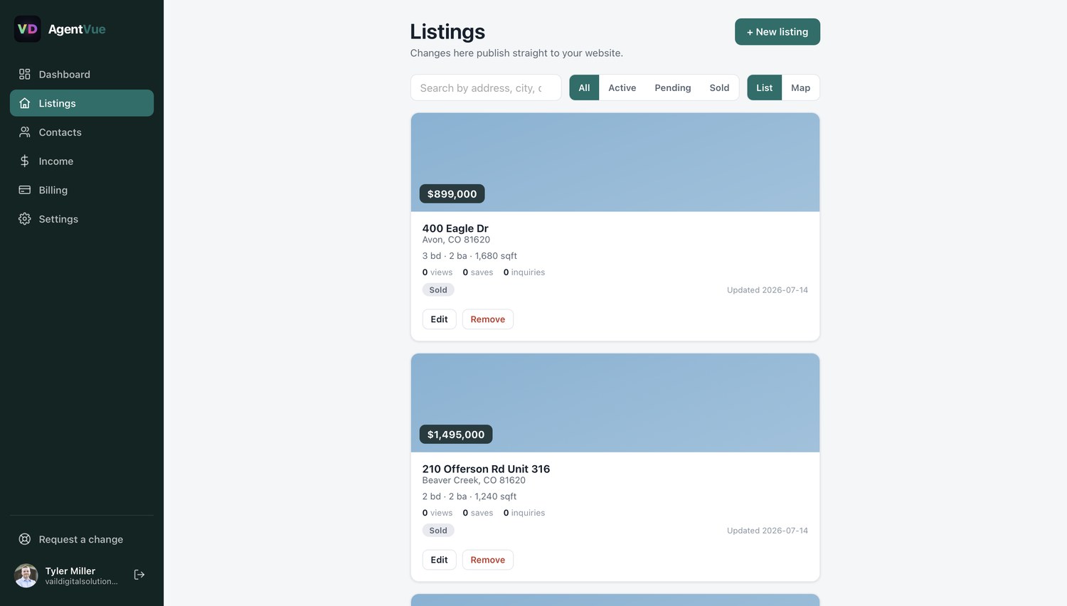 AgentVue listings screen