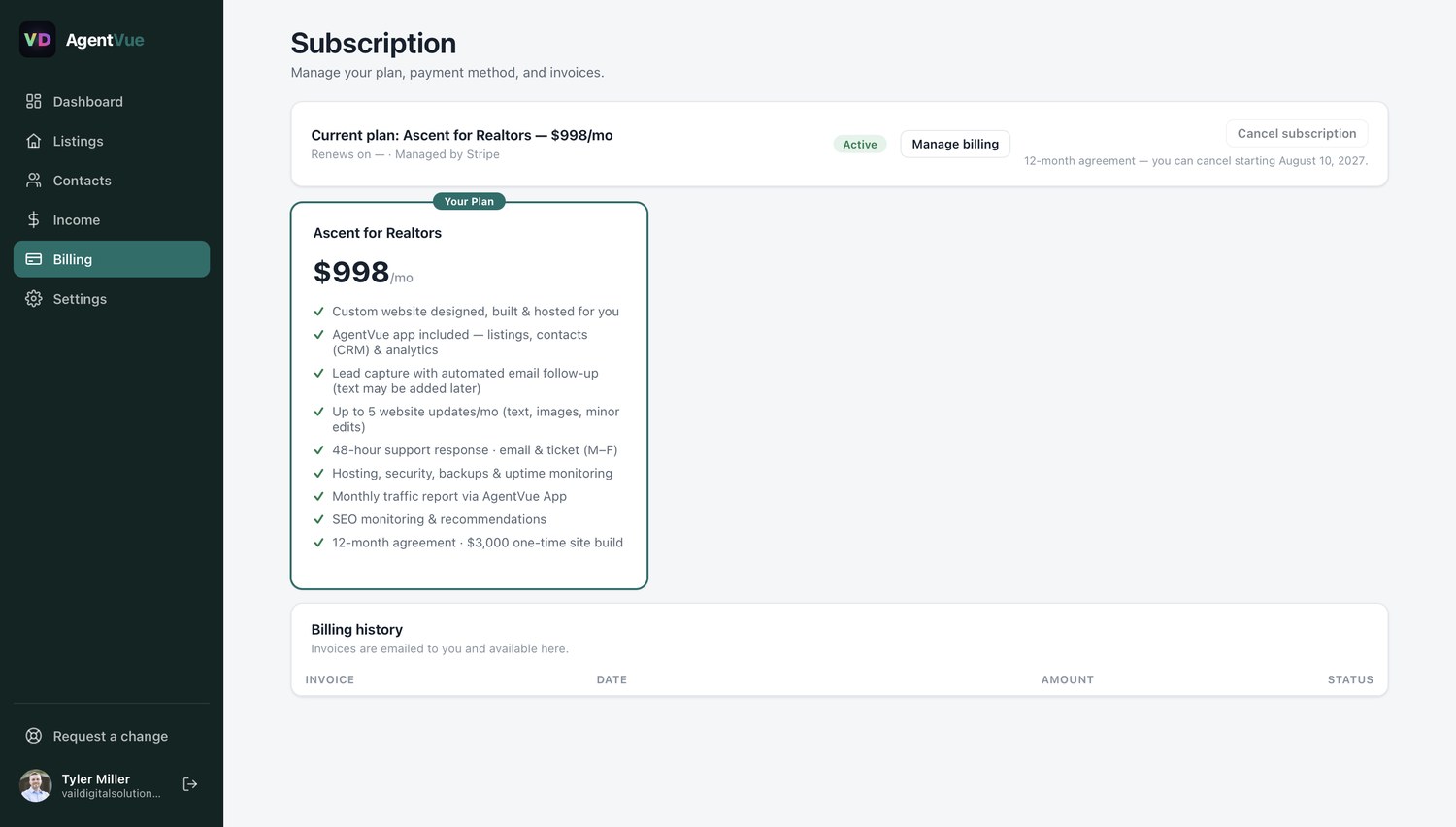 AgentVue subscription screen